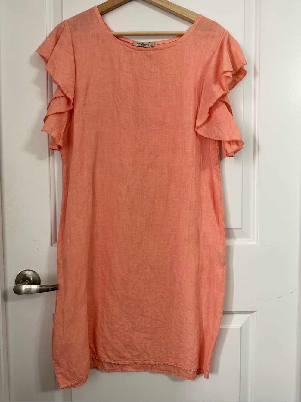 Lungo L’Arno Linen Flutter Sleeve Dress with Cotton sides, Peach, Small